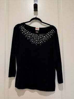Ruby Rd. Black Long Sleeve Top with Crystal Stud Yoke